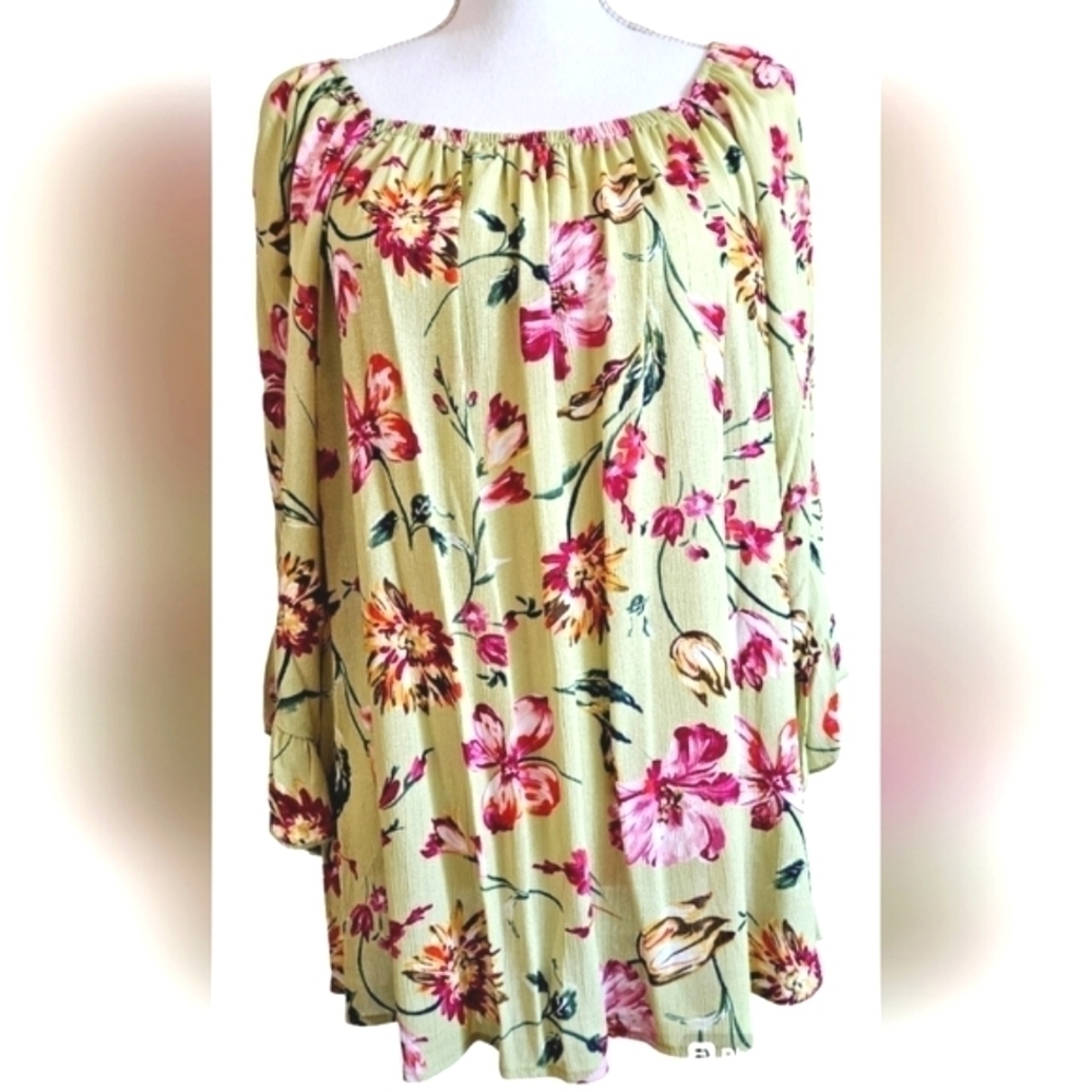 FIRST LOVE BOHO BLOUSE SZ L GREEN PINK - Picture 5 of 7